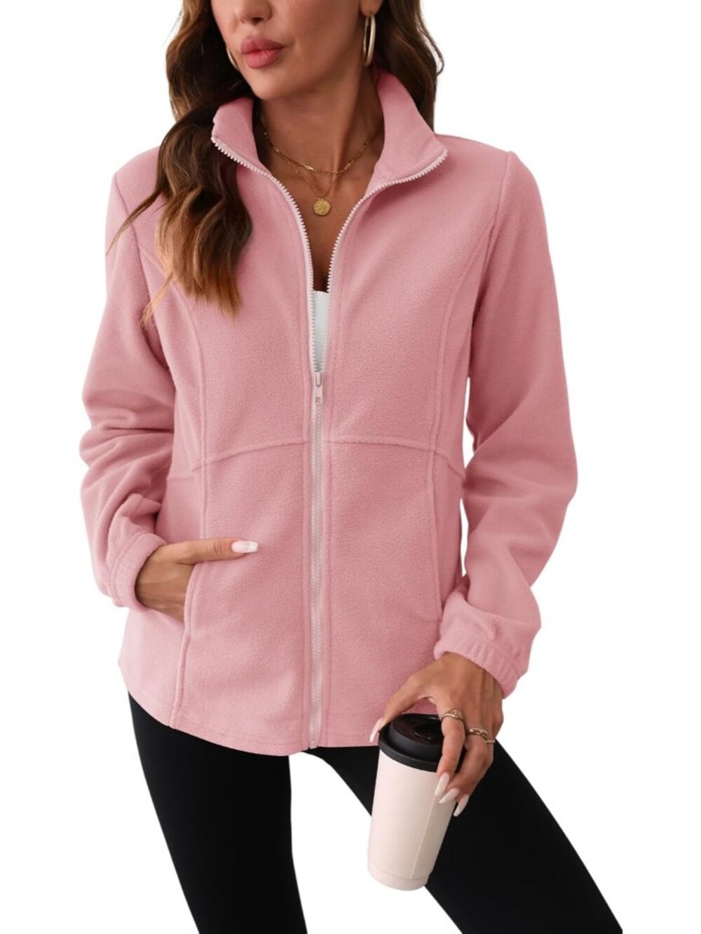 Women Dark Pink Fleece Stand Collar Elastic Cuff Long Sleeve Zip Winter Jacket
